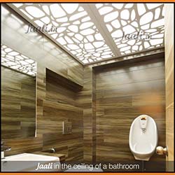 Abstract MDF Jaali used in the ceiling of a bathroom